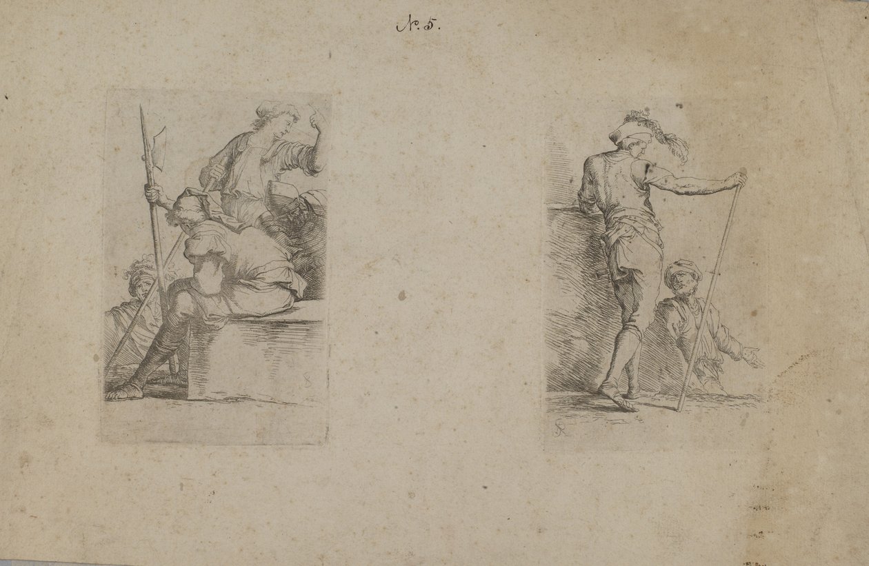 (Figurinserie) Sittande man, sedd bakifrån, håller i yxa av Salvator Rosa