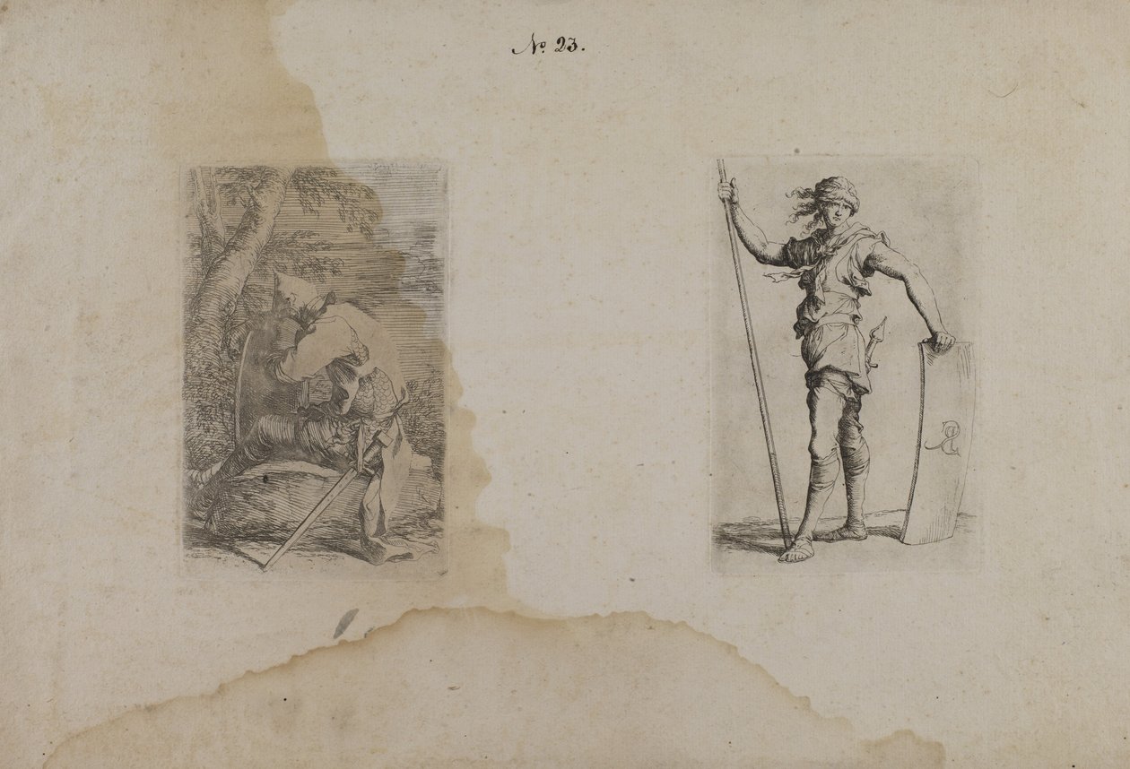 (Figurinserie) Sittande man med spetsig hjälm av Salvator Rosa