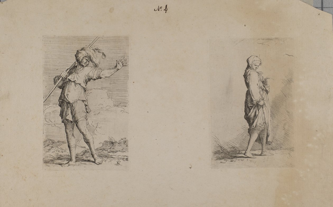 (Figurserie) Stående man med fjäderprydd huvudbonad av Salvator Rosa