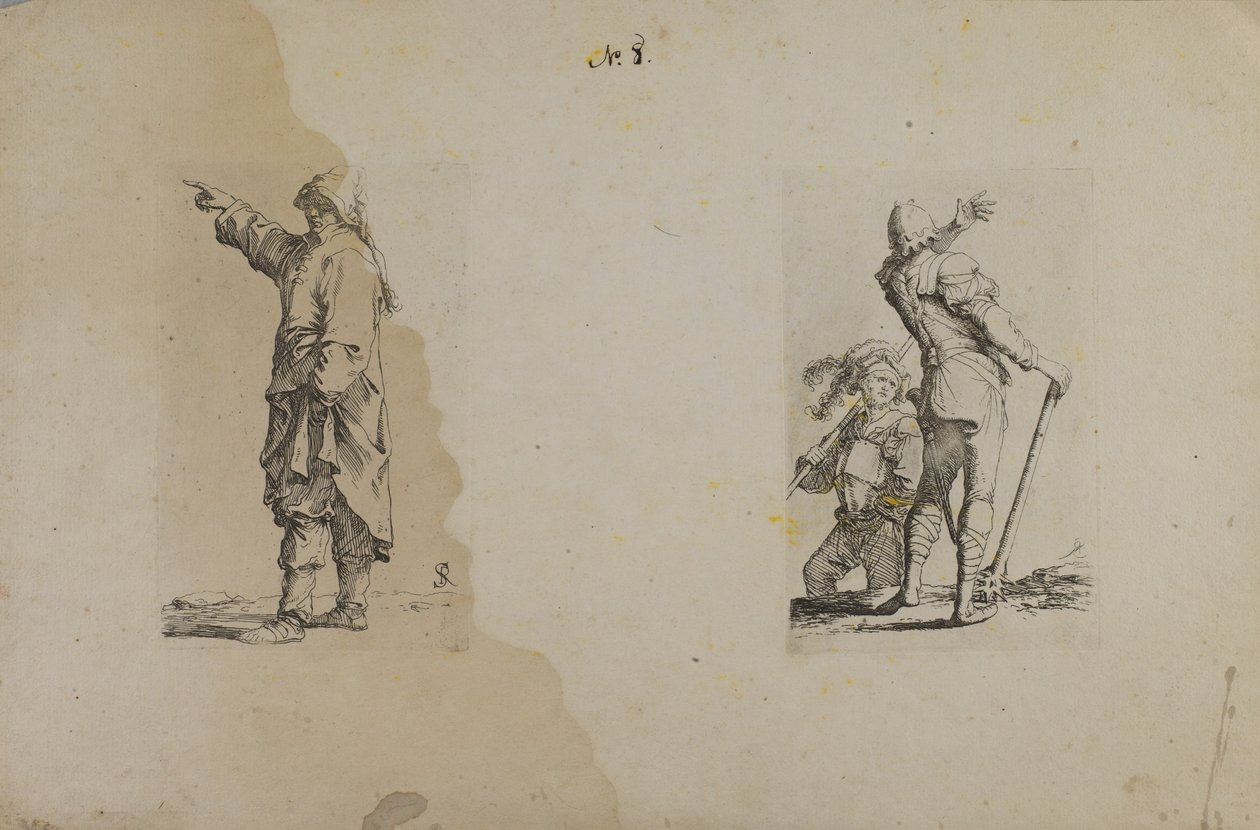 (Figurinserie) Stående man med lång hatt, pekande av Salvator Rosa