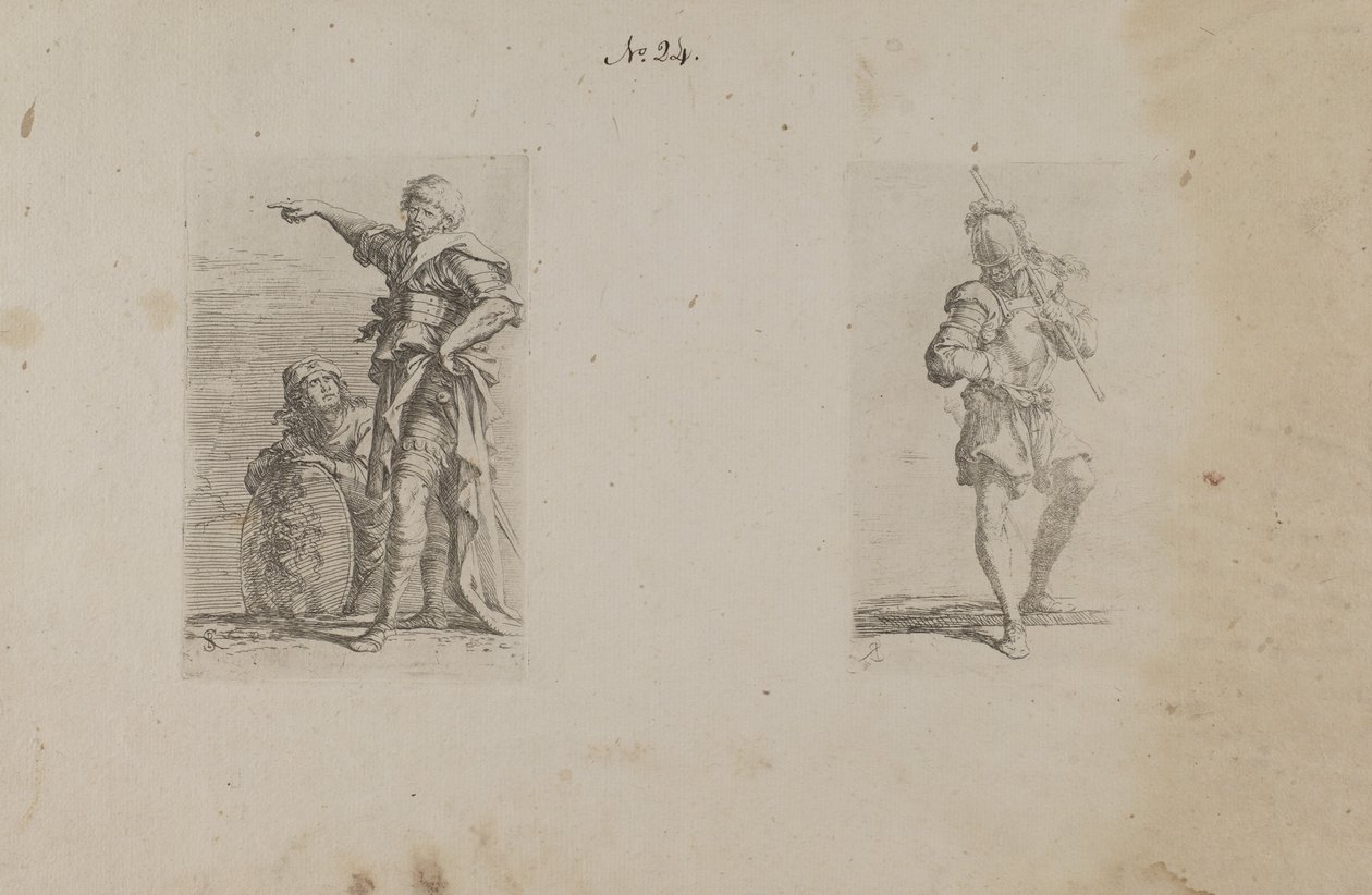 (Figurinserie) Två män, den ena pekar åt vänster, den andra knäböjer av Salvator Rosa