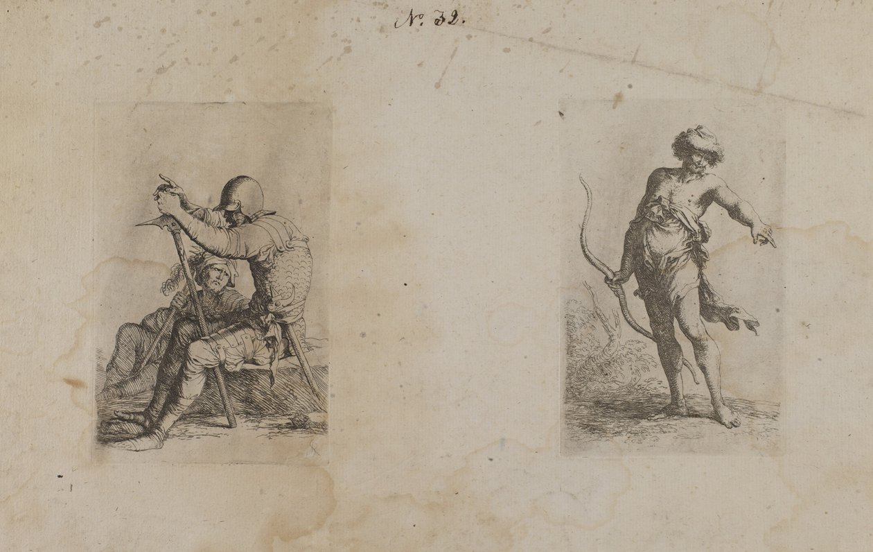 (Figurinserie) Två sittande män, var och en bärande vapen av Salvator Rosa