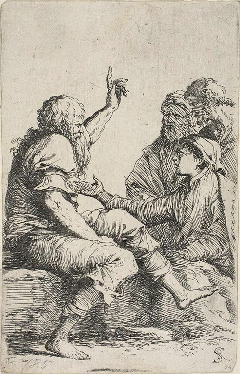 En skäggig gammal man som sitter på en sten och gör en skräckgest mot tre män mitt emot honom, från Figurine-serien av Salvator Rosa