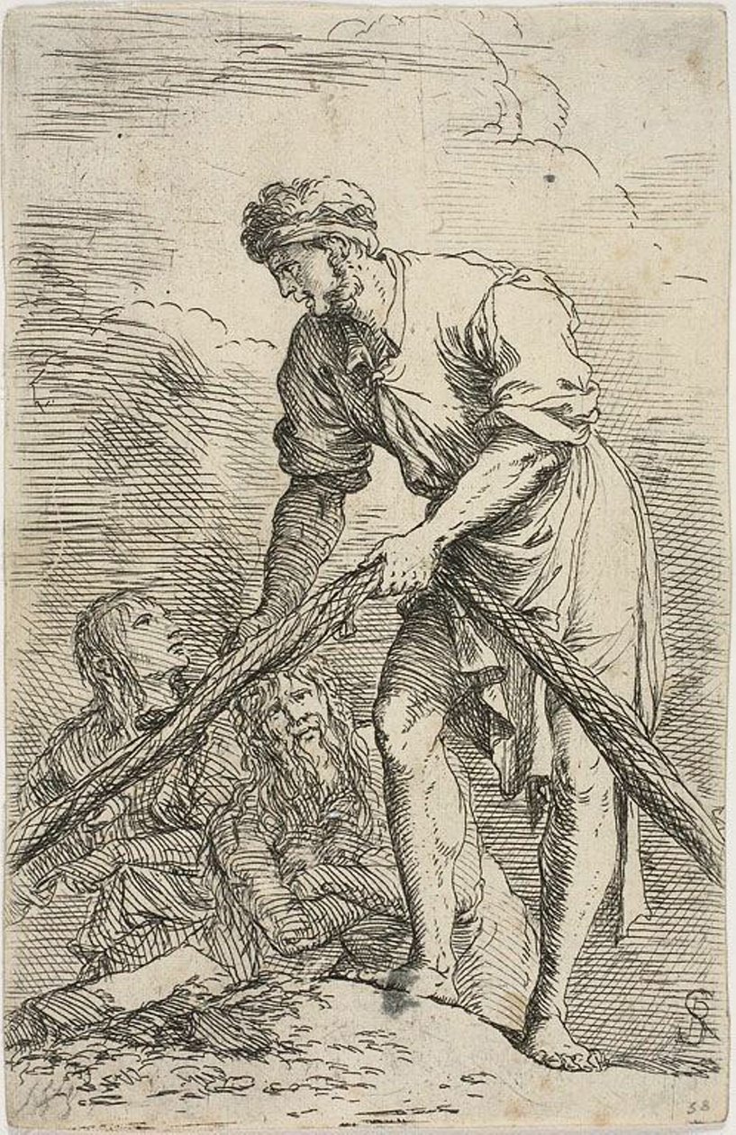 En män som drar ett nät, med två figurer bakom sig, från Figurine-serien av Salvator Rosa