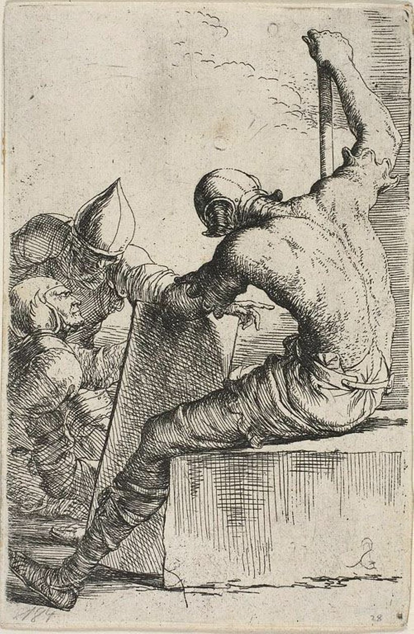 En krigare, som sitter på ett förgrundsblock, håller en sköld och stav och vänder sig mot två krigare bakom sig, från Figurine-serien av Salvator Rosa