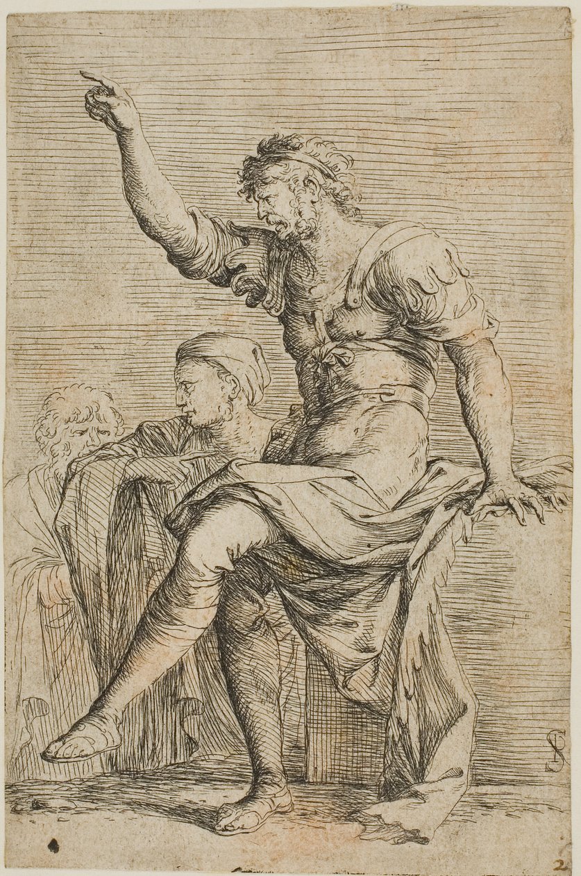 En krigare sitter på ett block och gör gester; två figurer är bakom honom, från Figurine-serien av Salvator Rosa