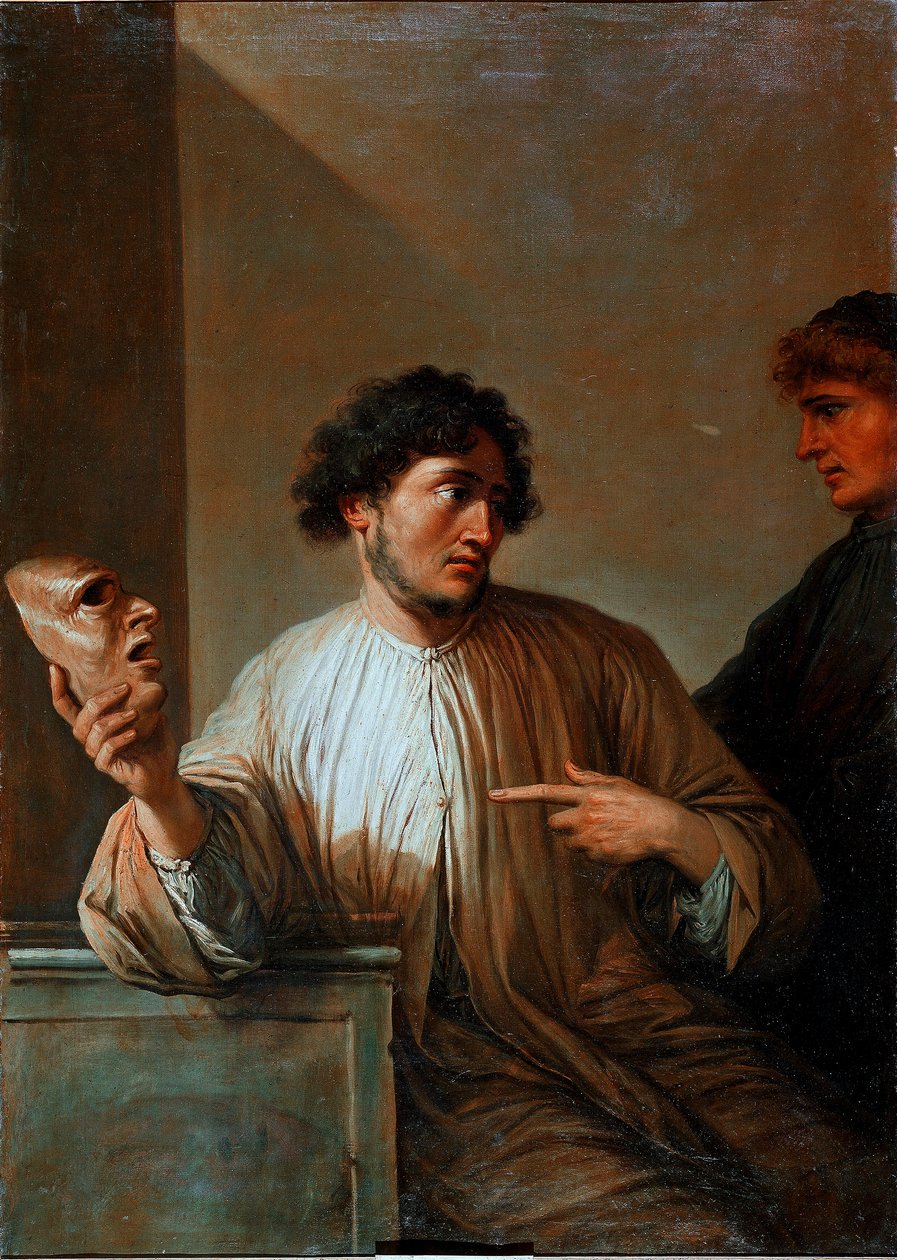 Allegori lögn i form av en man som håller en mask. Målning av Salvator (Salvatore) Rosa (1615-1673) 1651 Sön. 136x96 cm Florens, Palazzo Pitti av Salvator Rosa