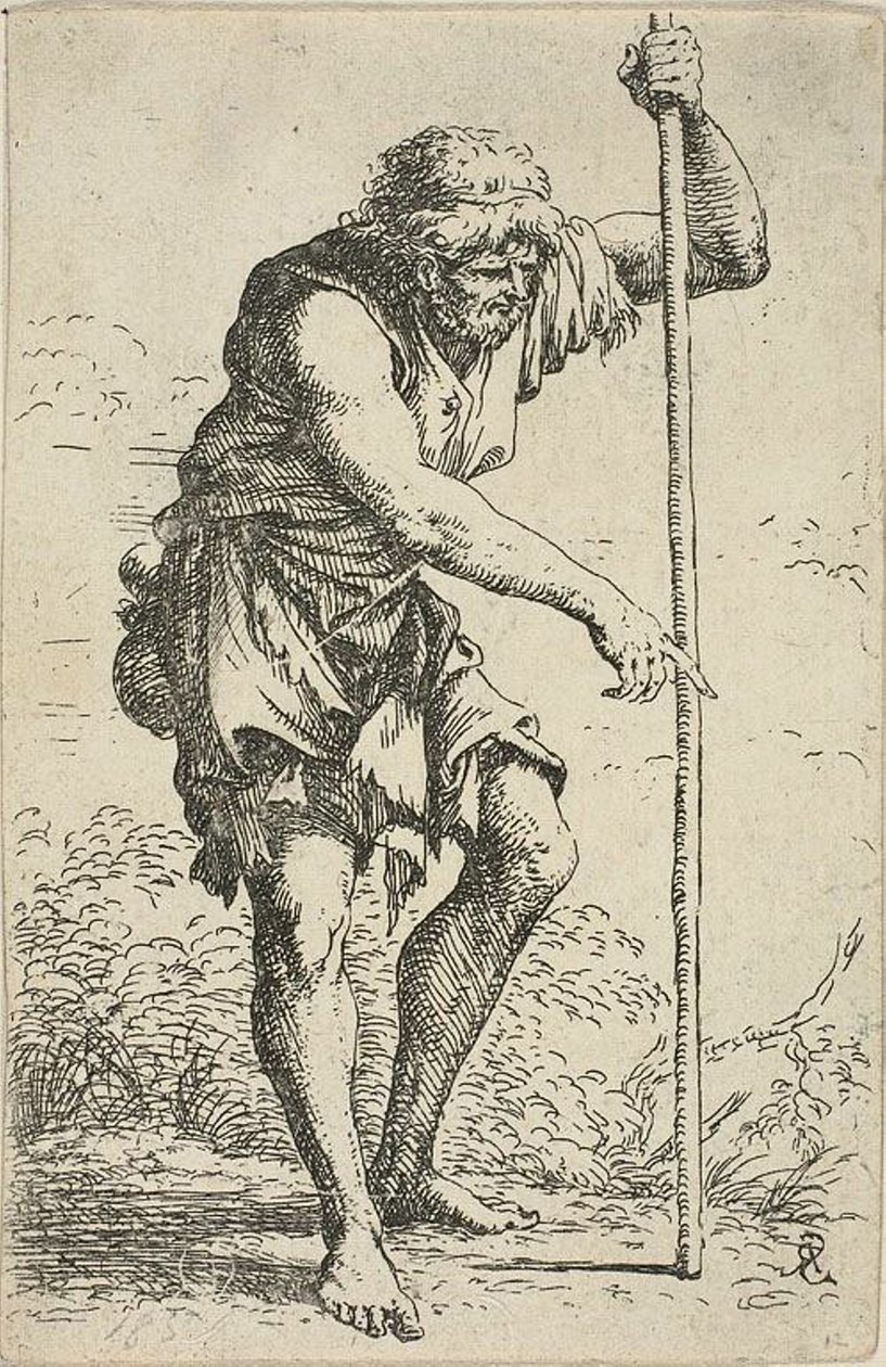 En gammal, trasig man med en stav och en mark vid höften, från Figurina av Salvator Rosa