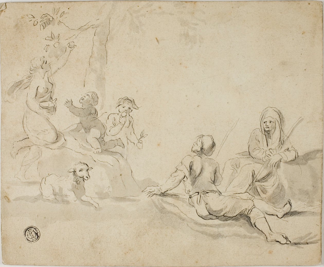 Äppelskördare och rastande herdar av Salvator Rosa