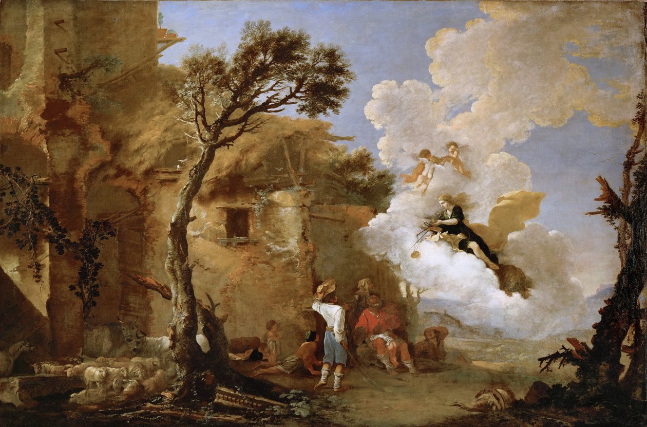 Astree (Astrape) quittant les bergers - The Return of Astraea, av Rosa, Salvatore (1615-1673). Olja på duk, ca 1640-1645. Mått: 139,5x209 cm. Konsthistoriska museet, Vienne av Salvator Rosa