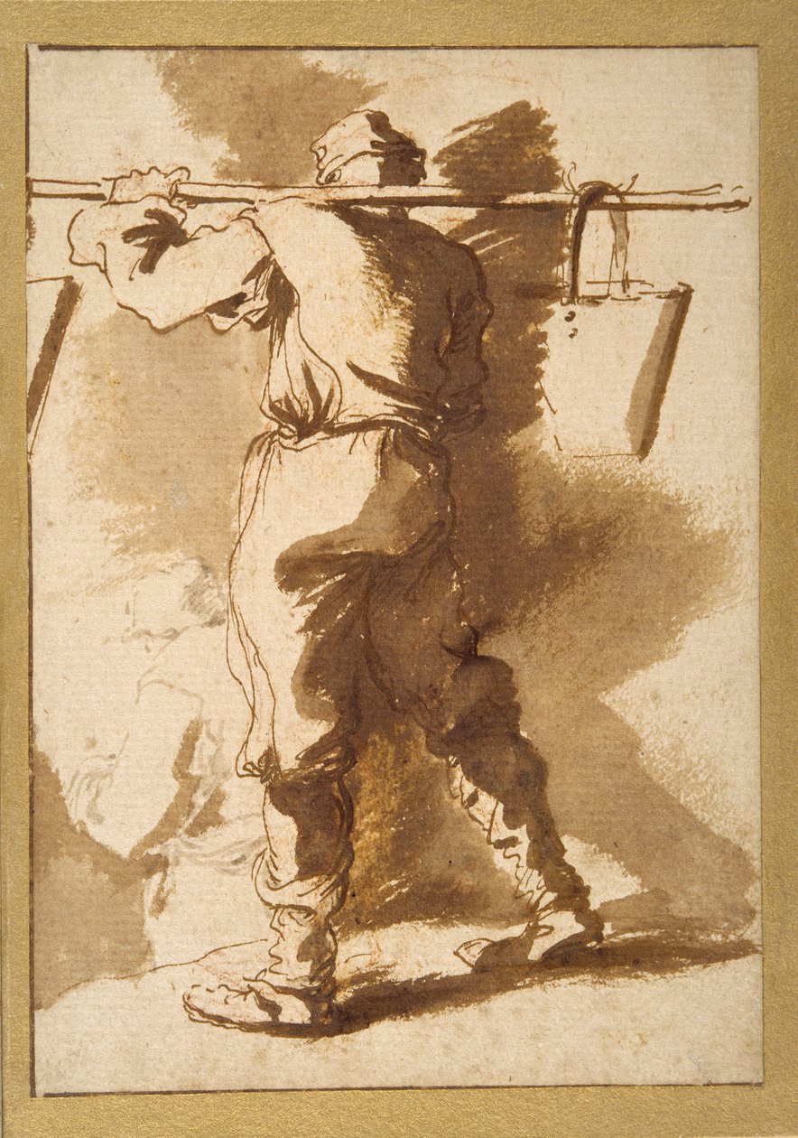 Bakifrån av en vattenbärare, en annan figur bortom honom (penna och bläck med tvätt över krita på papper) av Salvator Rosa