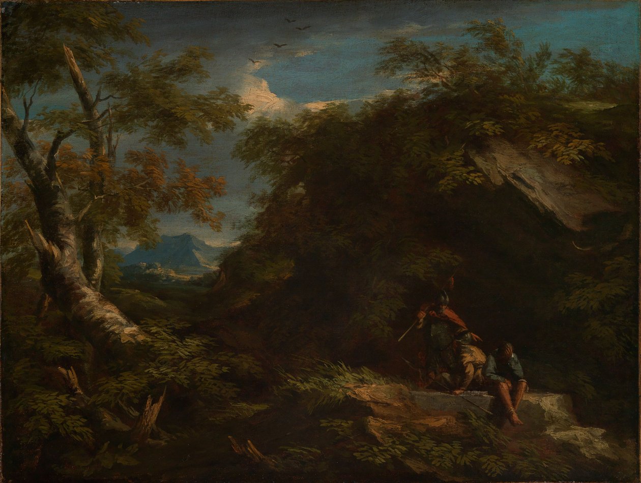 Bergigt skogslandskap med vilande krigare av Salvator Rosa