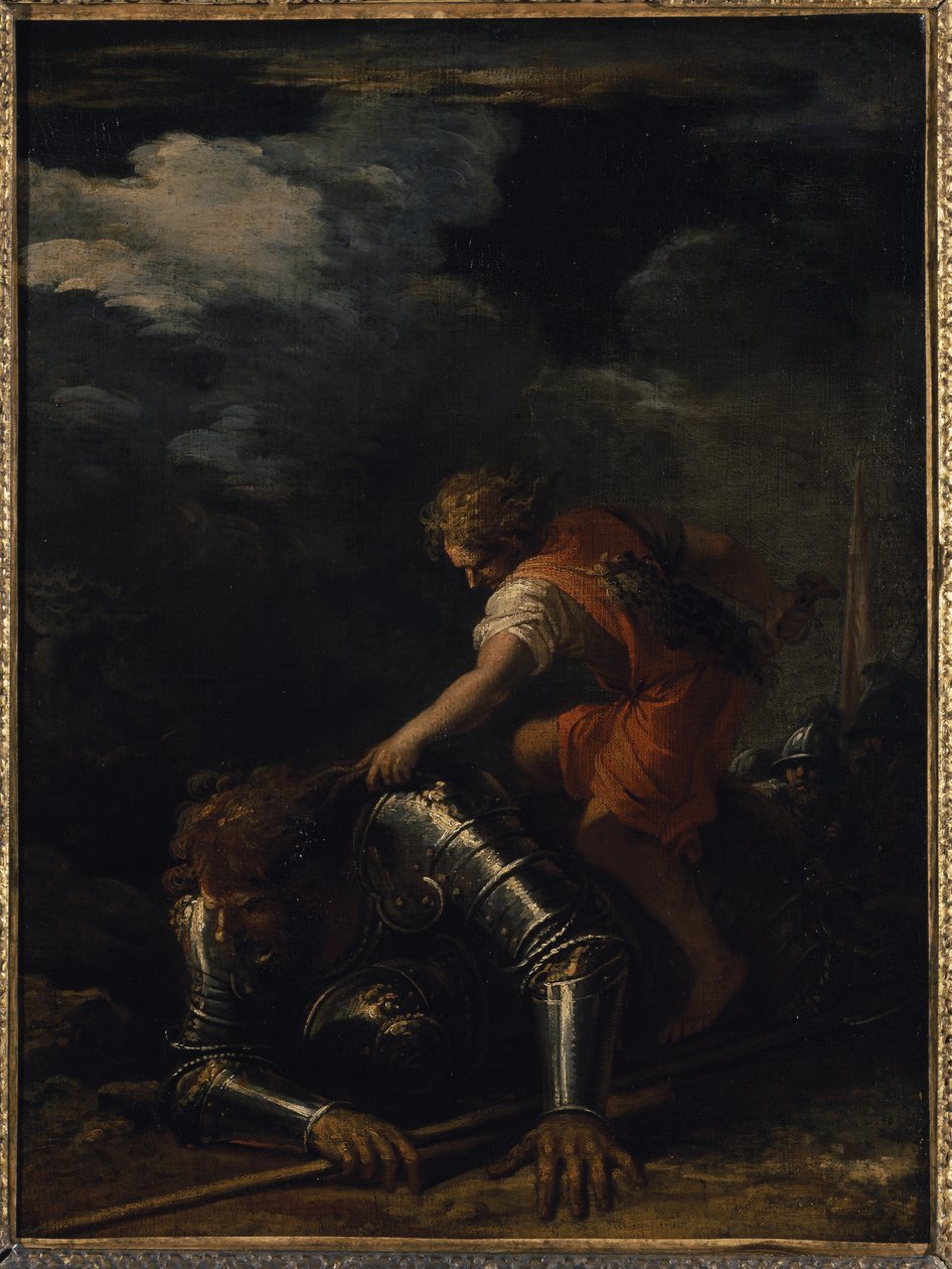 David och Goliat (olja på duk) av Salvator Rosa