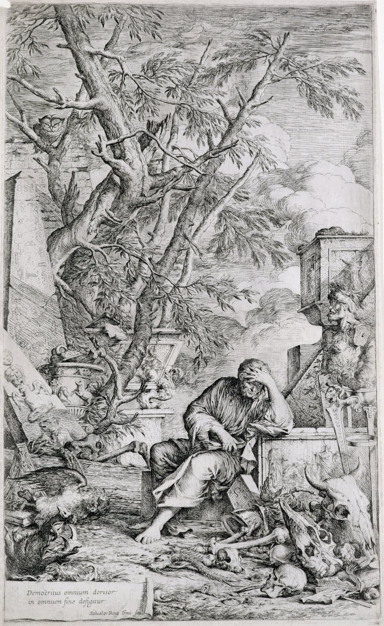Demokrit i meditation (gravyr) av Salvator Rosa