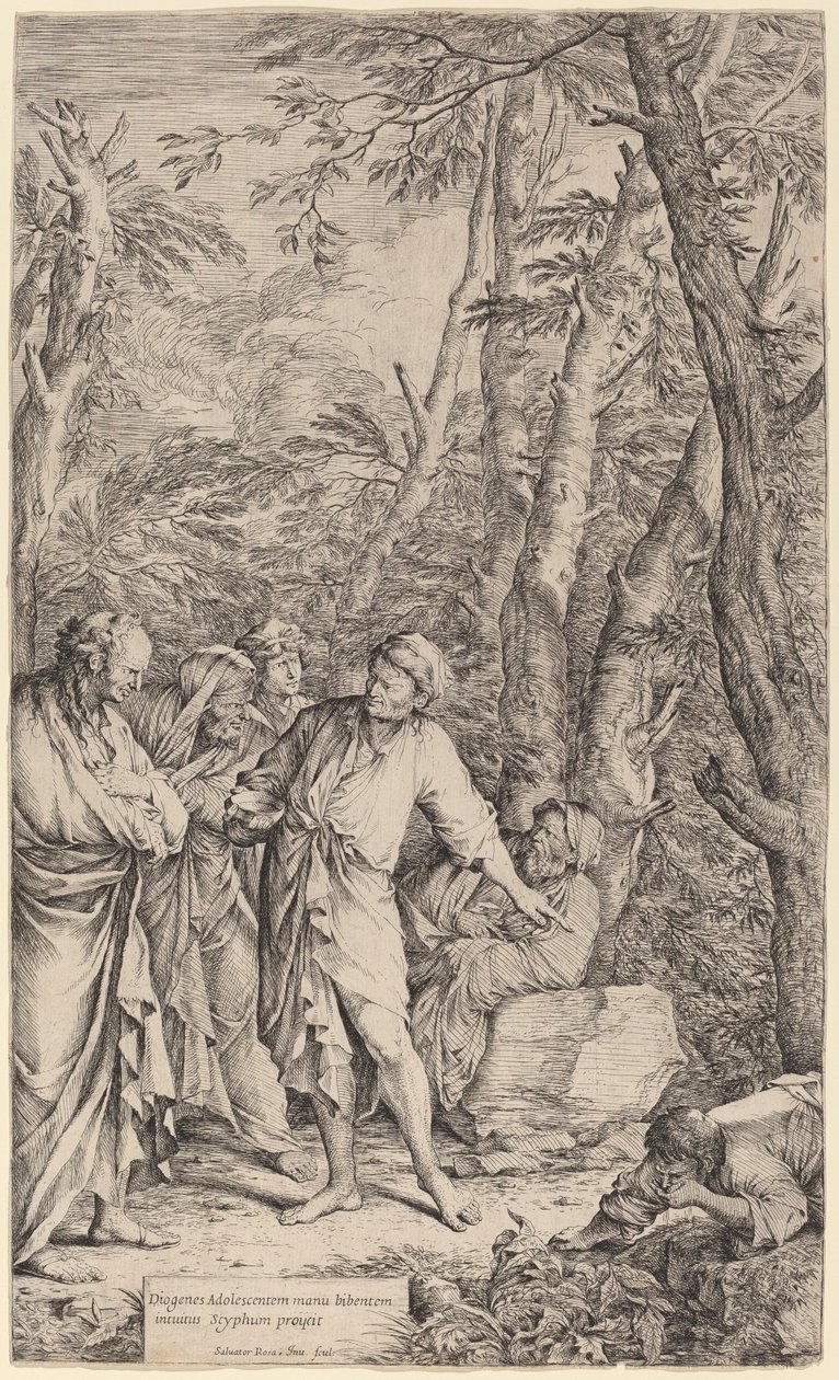 Diogenes kastar bort sin skål av Salvator Rosa