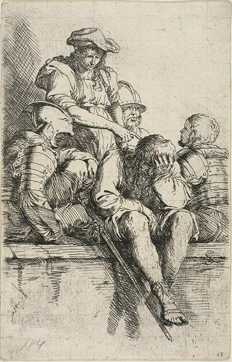 Fyra krigare och en stående yngling, som pekar ner på en av dem, från Figurine-serien av Salvator Rosa