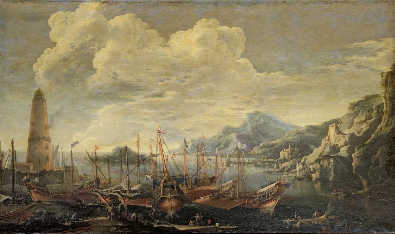 Hamn med fyr och fartyg av Salvator Rosa