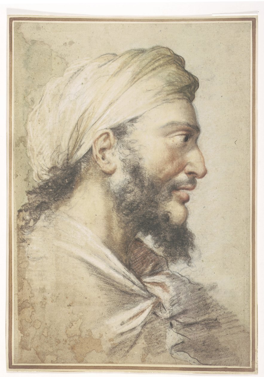Huvudet på en skäggig man i profil till höger med turban av Salvator Rosa