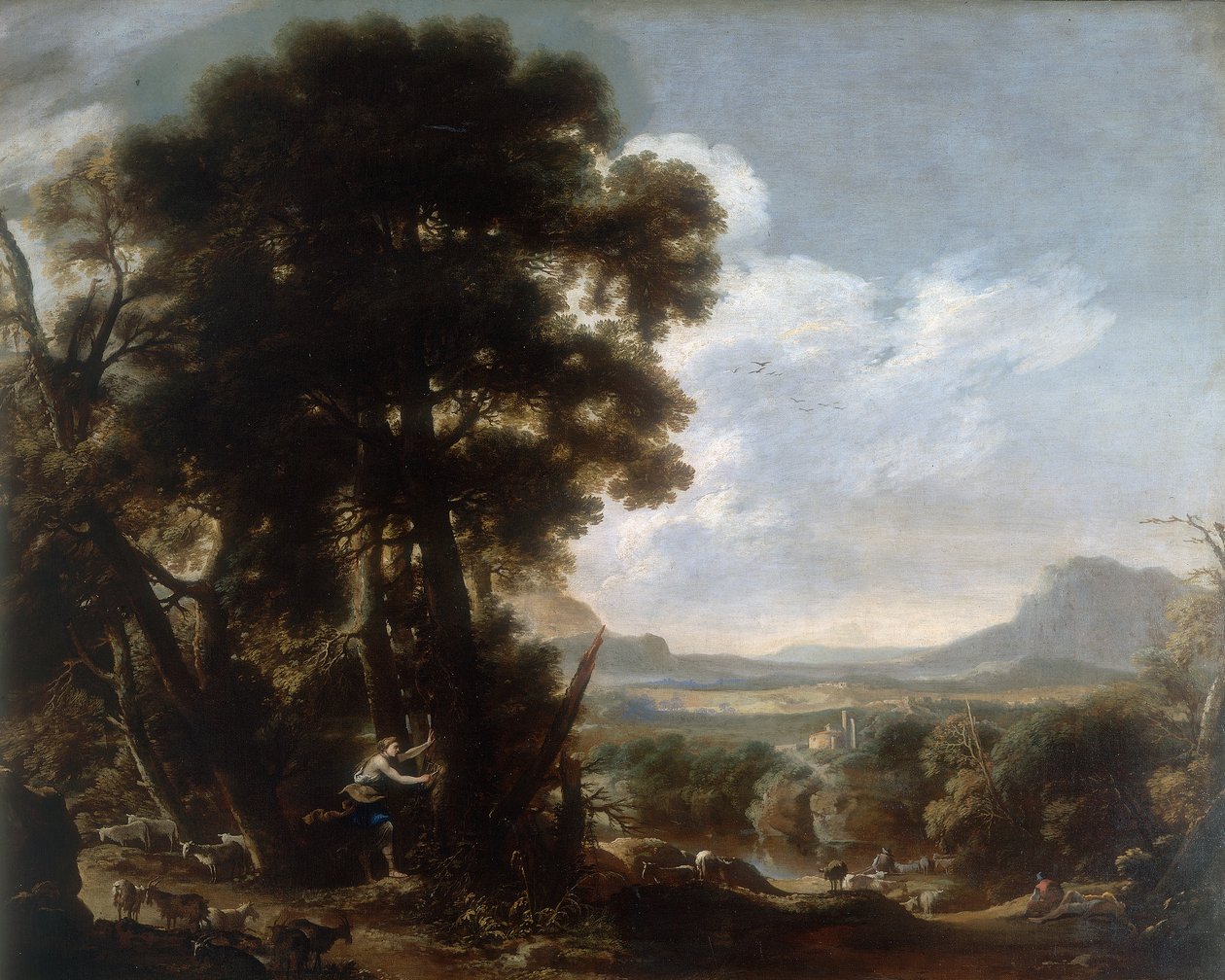 Hermina ristar namnet Tancredi på ett träd, verk av Salvatore Rosa, konserverat på Galleria Estense i Modena av Salvator Rosa