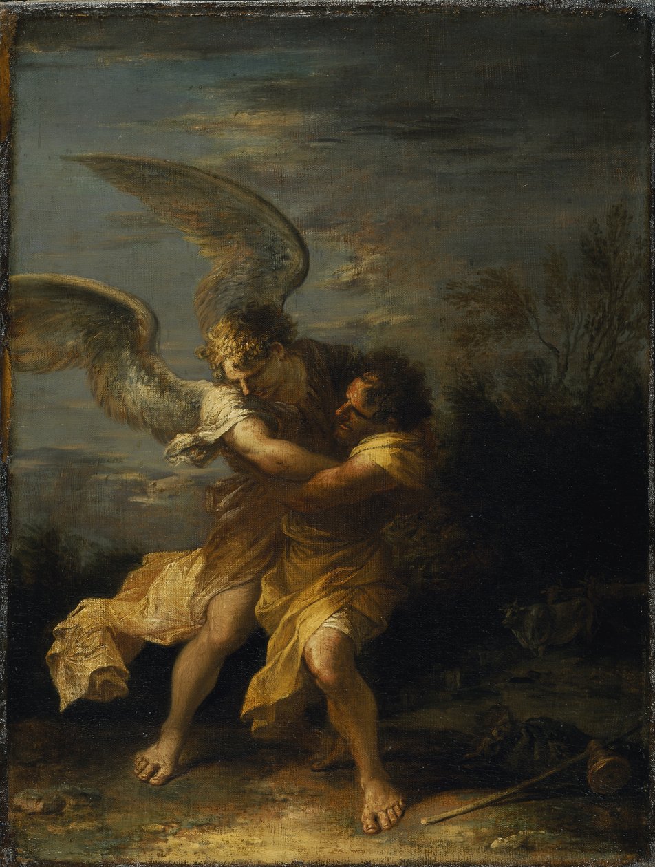 Jakob brottas med ängeln (olja på duk) av Salvator Rosa