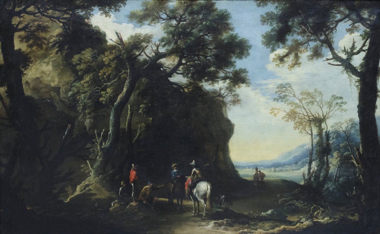 Landskap med resenärer som frågar efter vägen, ca 1641 (olja på duk) av Salvator Rosa