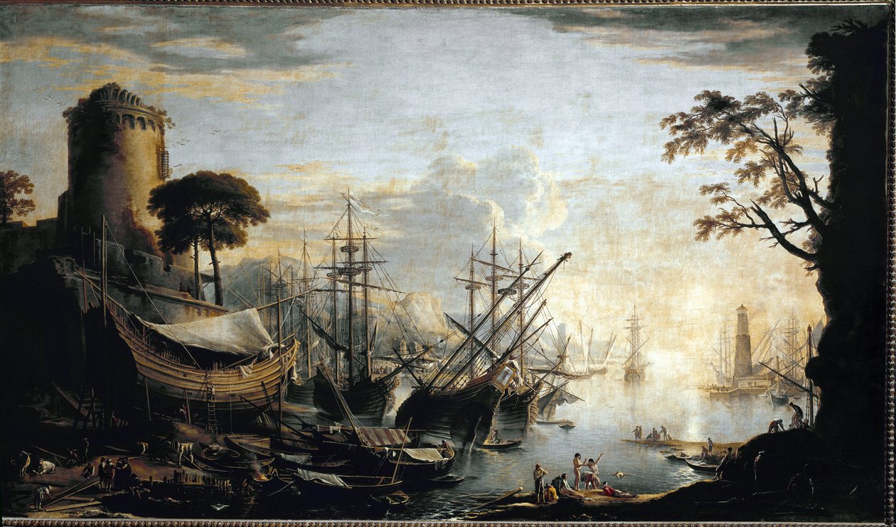 Hamnens småbåtshamn. Målning av Salvator Rosa av Salvator Rosa