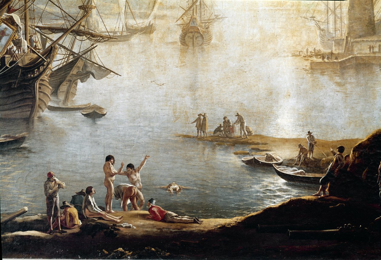 Hamnens småbåtshamn, detalj (olja på duk av Salvator Rosa