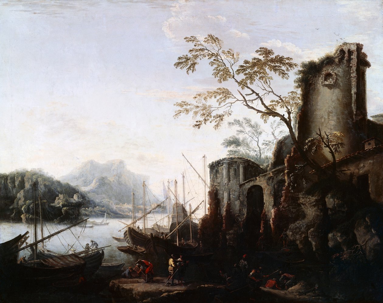 Marine Landscape with Towers with ships and ruiner (Marine Landscape with Towers), c.1645, av Salvator Rosa