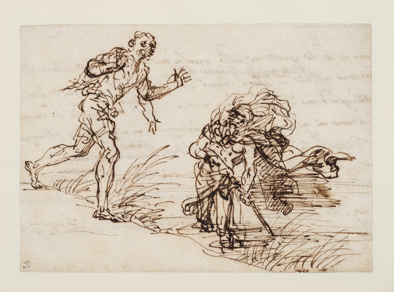 Mercury and the Dishonest Woodman (recto), ca 1655-1659 (penna och brunt bläck på papper) av Salvator Rosa