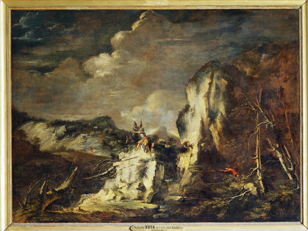 Klippigt landskap med en jägare och krigare - Ett klippigt ... av Salvator Rosa