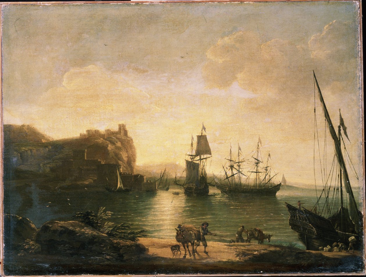 Hamn. Målning av Salvator (Salvatore) Rosa (1615-1673), olja på duk, italiensk konst (Neapel), barockkonst. M.Kroshitsky konstmuseum, Sevastopol (Ukraina). av Salvator Rosa