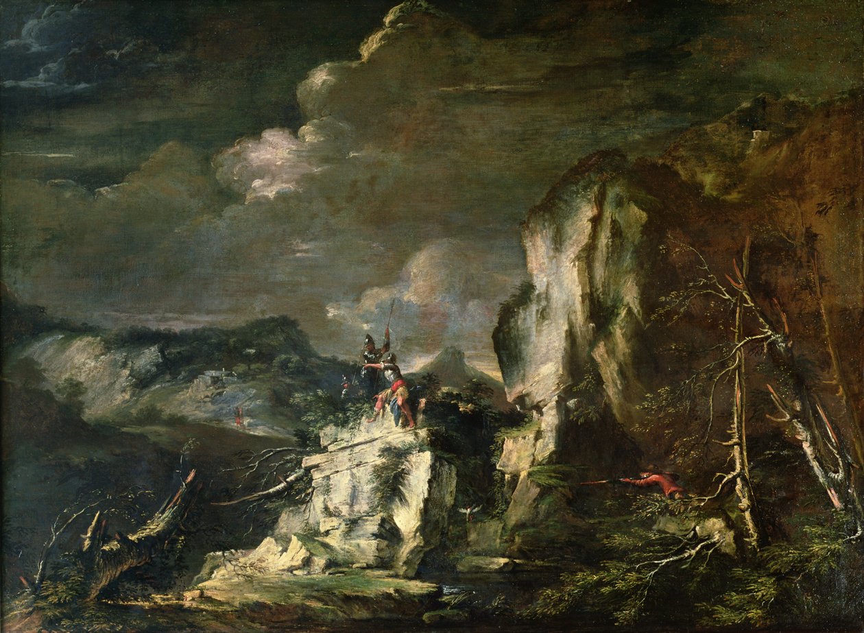 Klippigt landskap med en jägare och krigare av Salvator Rosa