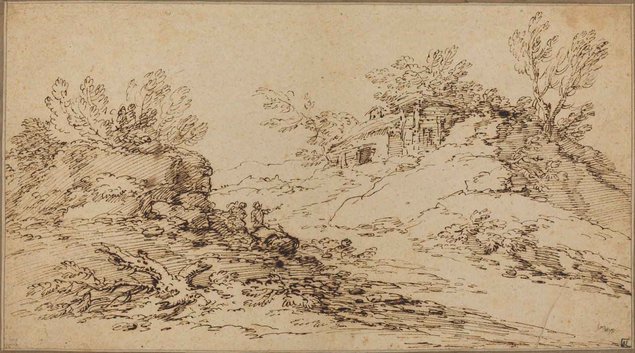 Stenigt landskap med ett rustikt hus av Salvator Rosa