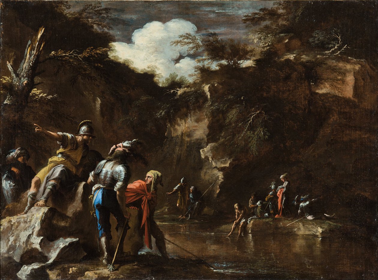 Scen ur grekisk historia: Thales får floden att rinna på båda sidor om den lydiska armén av Salvator Rosa