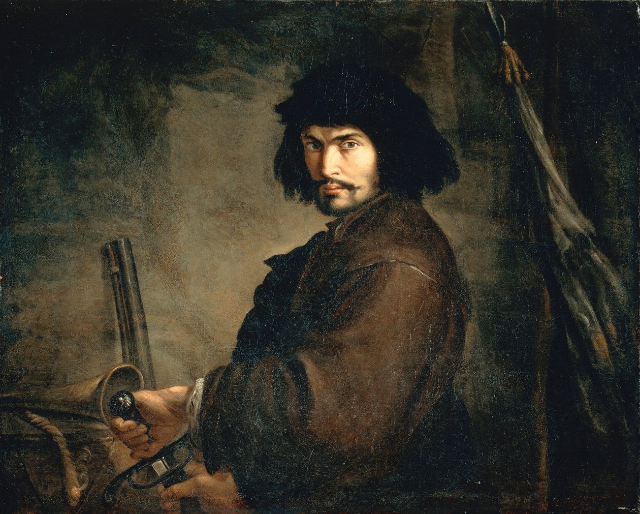 Självporträtt klädd som krigare, av Salvator Rosa (1615-1673), olja på duk, 94x107 cm av Salvator Rosa
