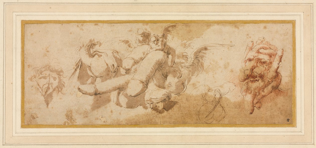Ark med satiriska studier Amorini Riding Phalli, ca. 1650-talet. av Salvator Rosa