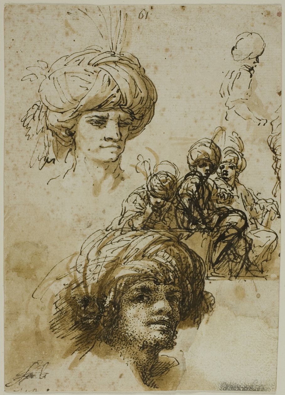 Skisser av män med turban (recto); Fragment av en figur och skisser av folierade arkitektoniska ornament (verso) av Salvator Rosa
