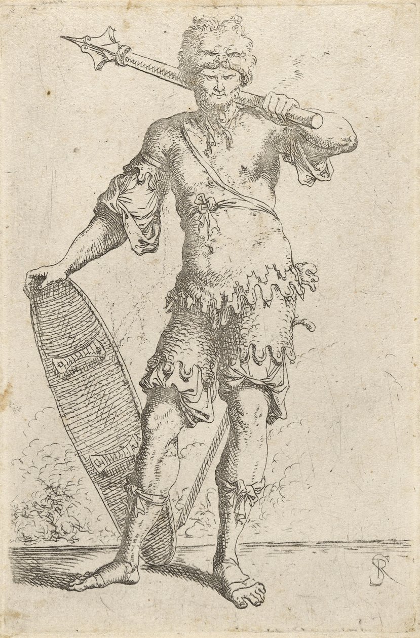 Stående exotisk krigare som bär en lejonhuvudmössa, håller i en tapp och sköld, c.1656-57 (etsning på lagt papper) av Salvator Rosa
