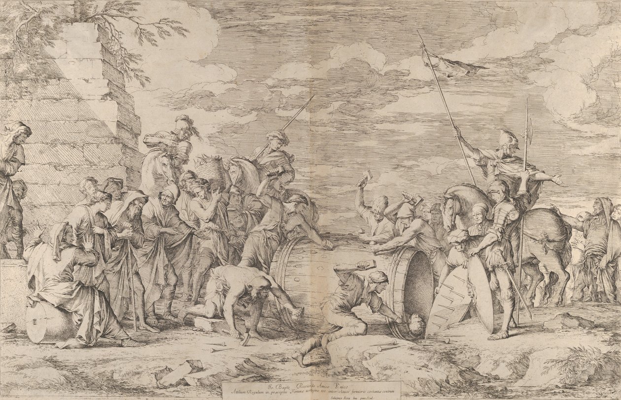Marcus Atilius Regulus död, visad spikad i ett badkar av Carthagi..., ca. 1661-62. av Salvator Rosa