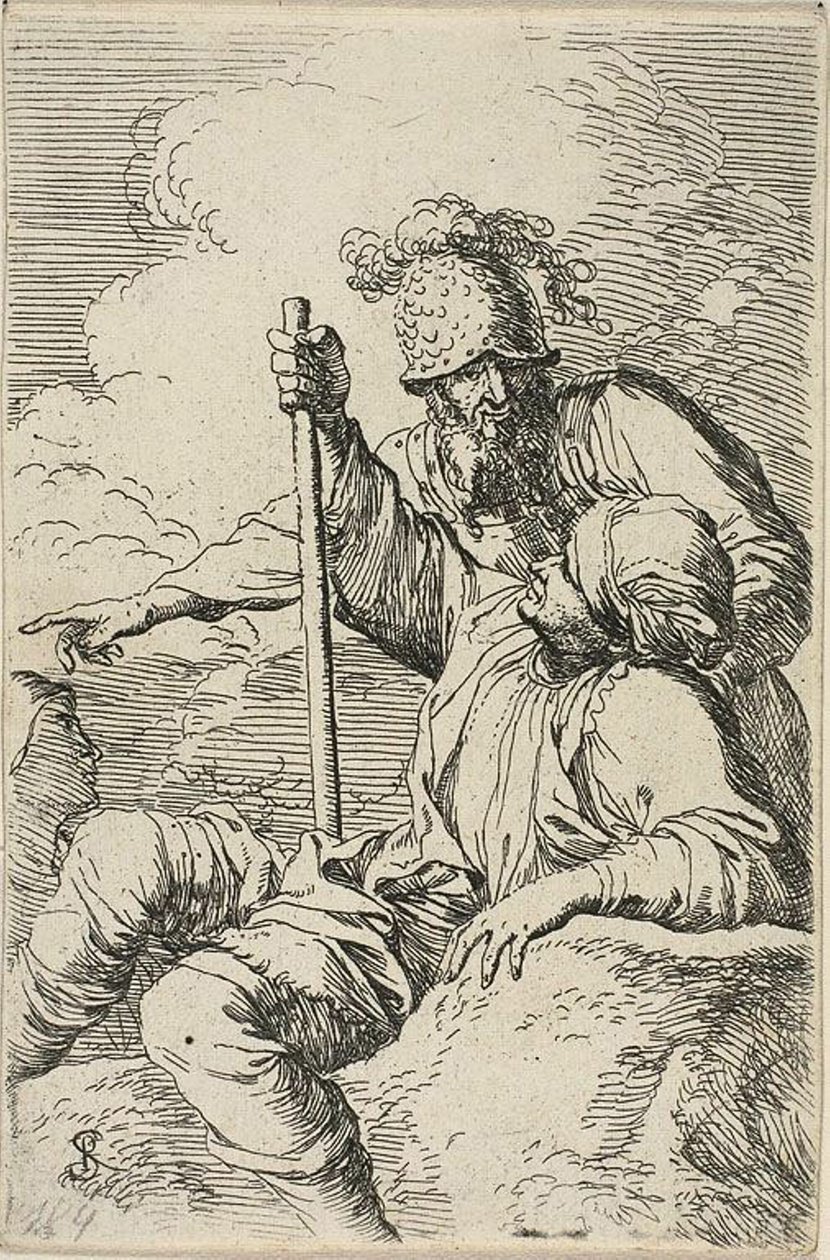 Tre krigare, en sittande på en förgrundsklippa som håller en stav; den andra står bakom honom och pekar, den tredje ses som ett ansikte bakom dem, från Figurine-serien av Salvator Rosa