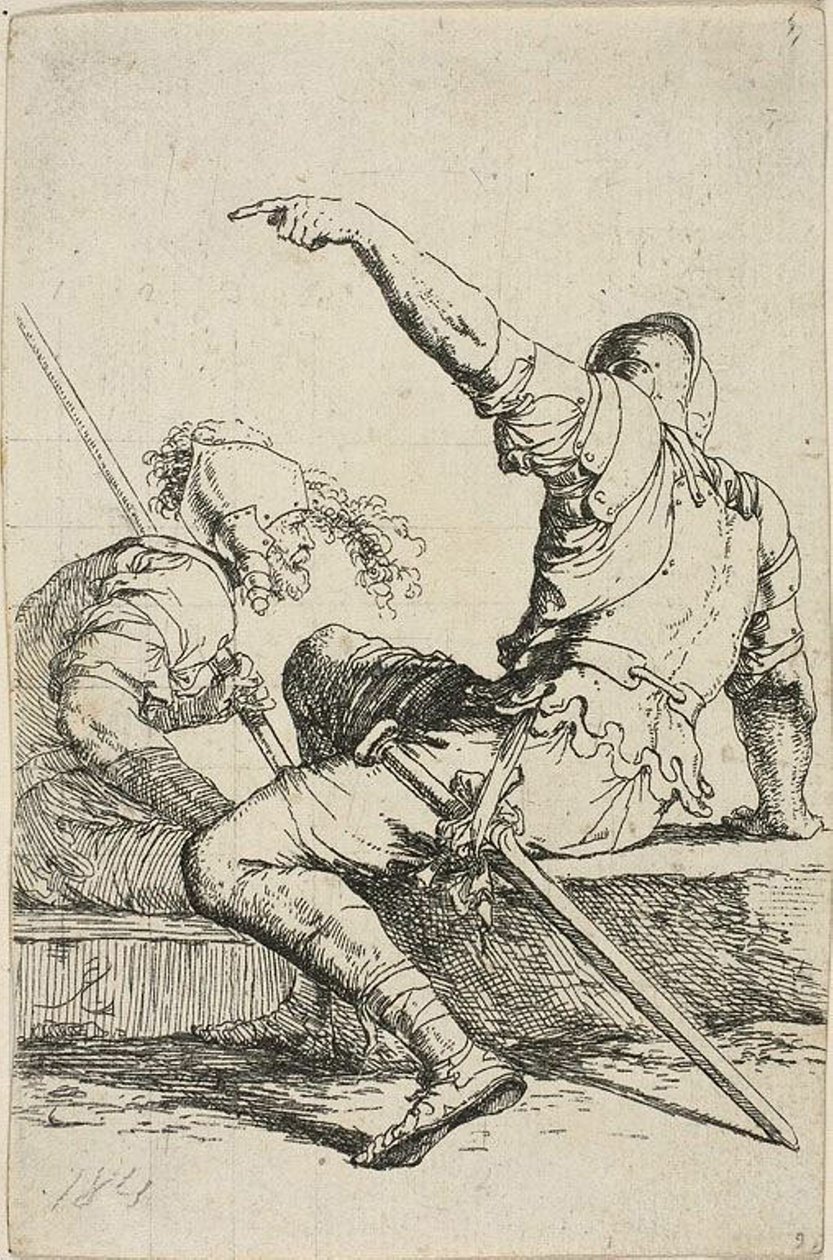 Två krigare som sitter på låga klippor av Salvator Rosa