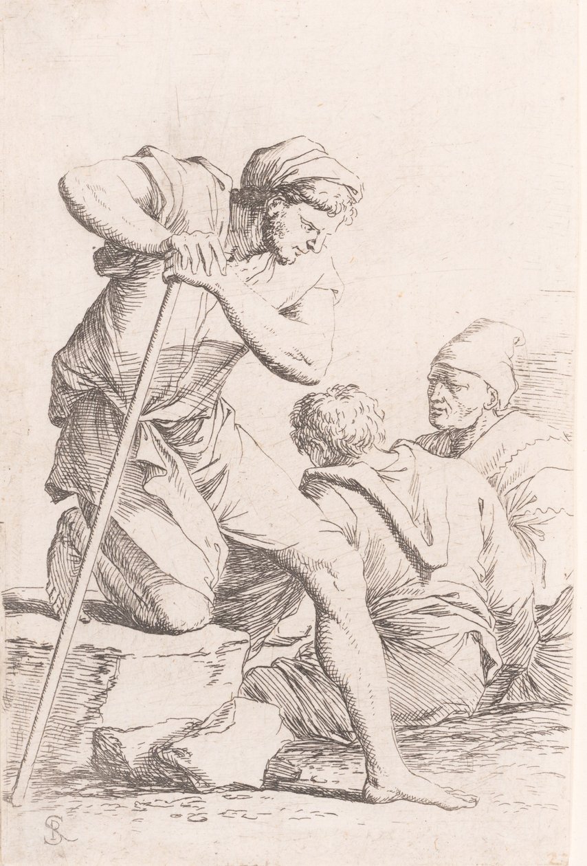 Två män sitter och en annan man som håller en stav på knä på en sten, från serien..., ca. 1656-1657. av Salvator Rosa