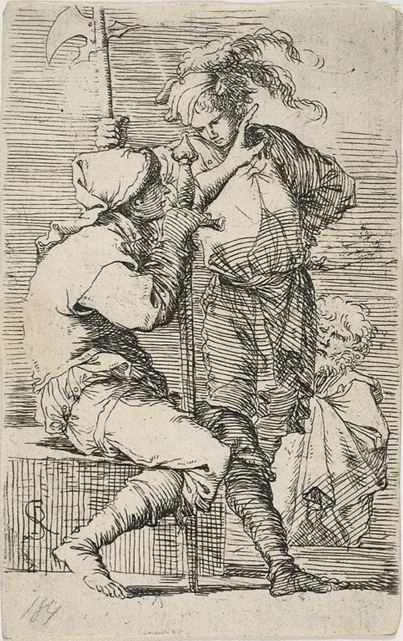 Två krigare, den ene håller ett svärd, den andre en hellebard; en gammal skäggig man bakom dem, från Figurine av Salvator Rosa