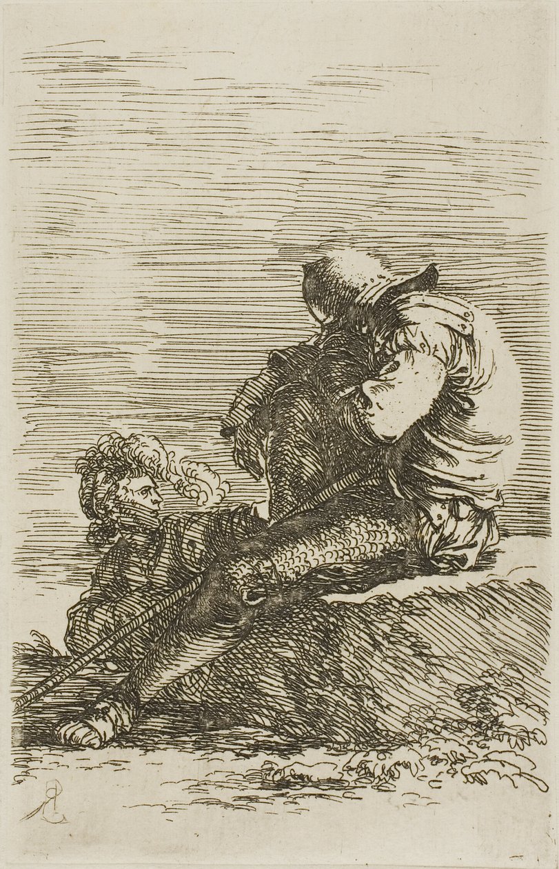 Två krigare, den ena sittande och sovande på en sten i förgrunden, ur Figurinserien av Salvator Rosa