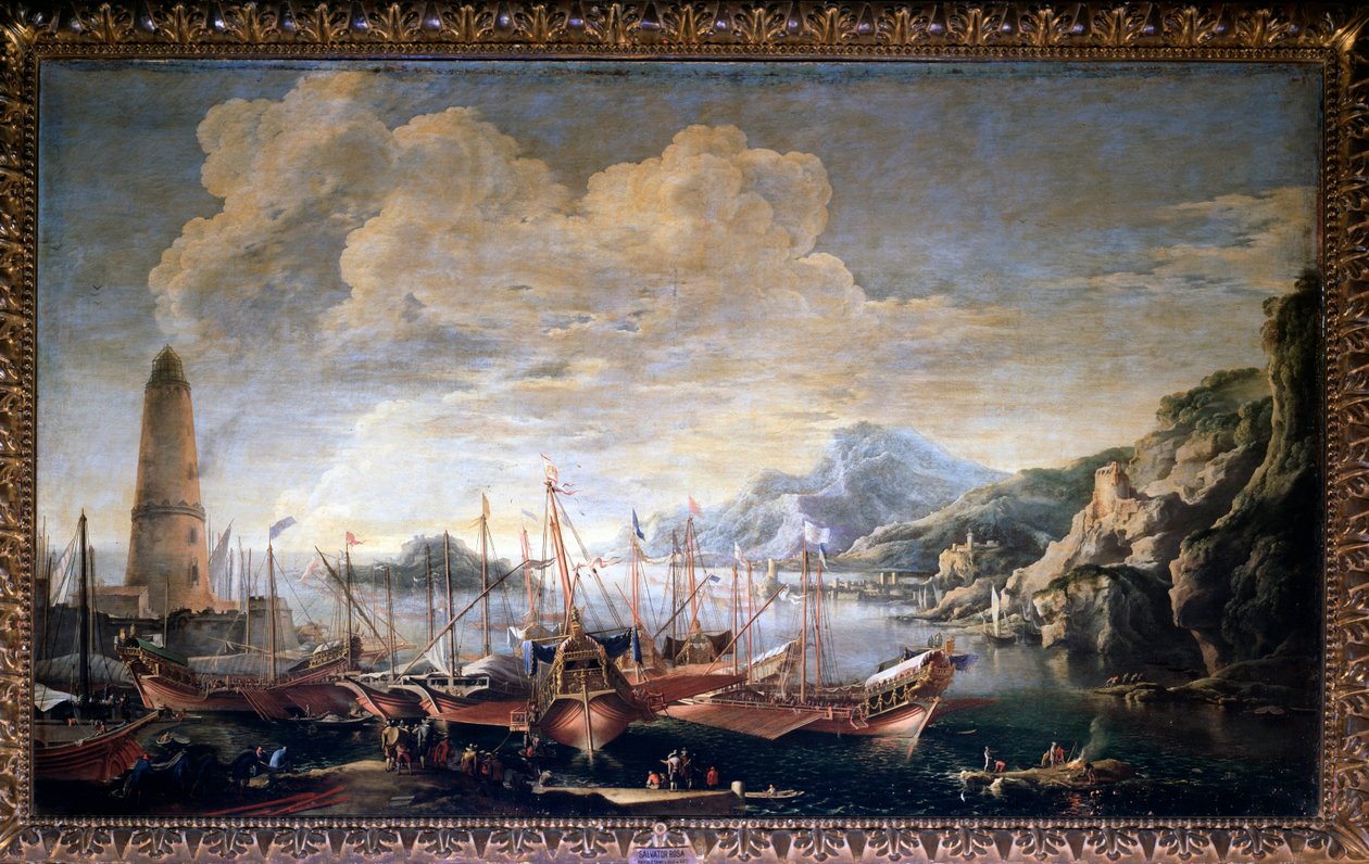 Utsikt över en hamn - olja på duk av Salvator Rosa