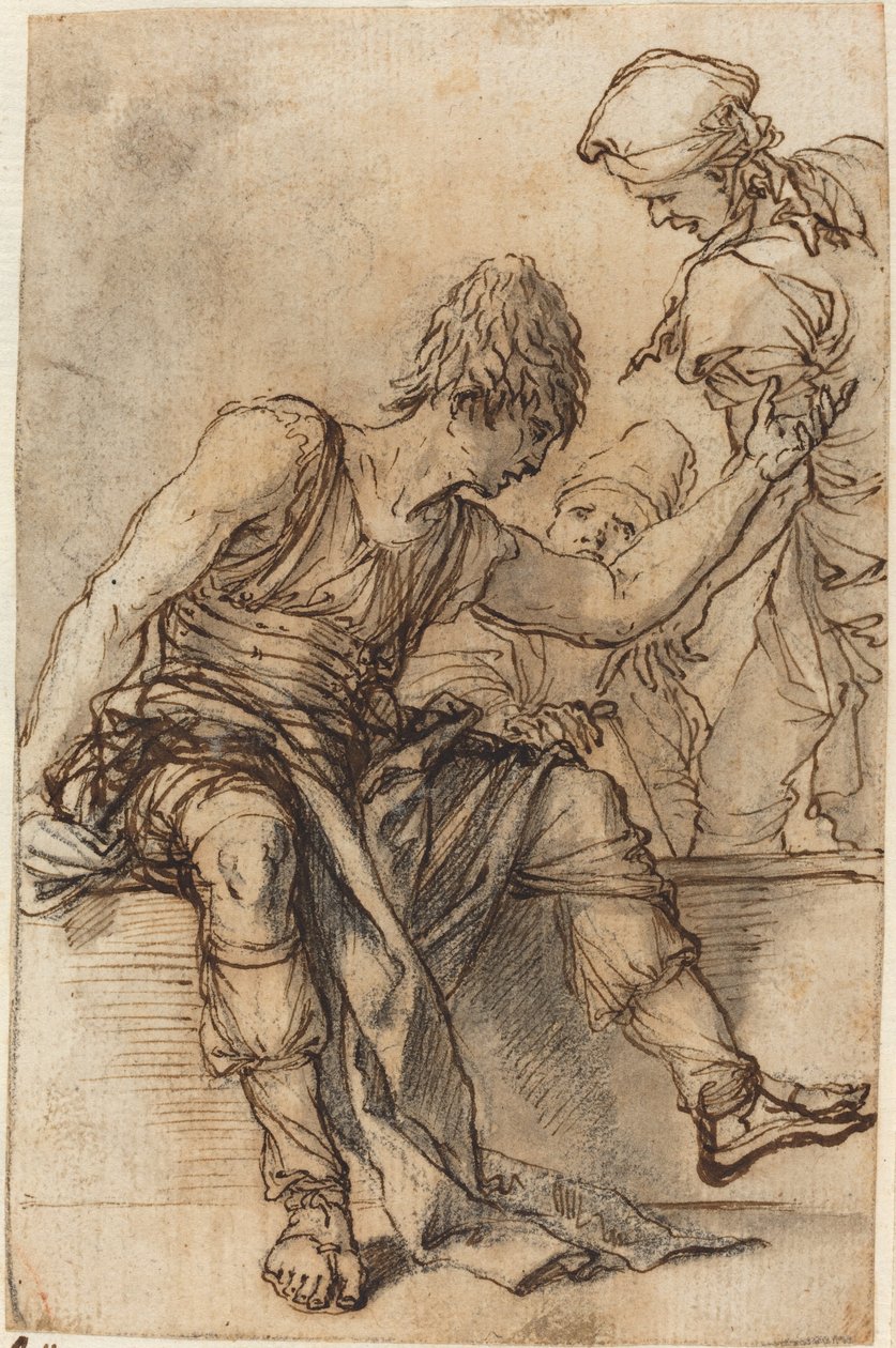 Ungdom sitter på en vägg i samtal med två män av Salvator Rosa