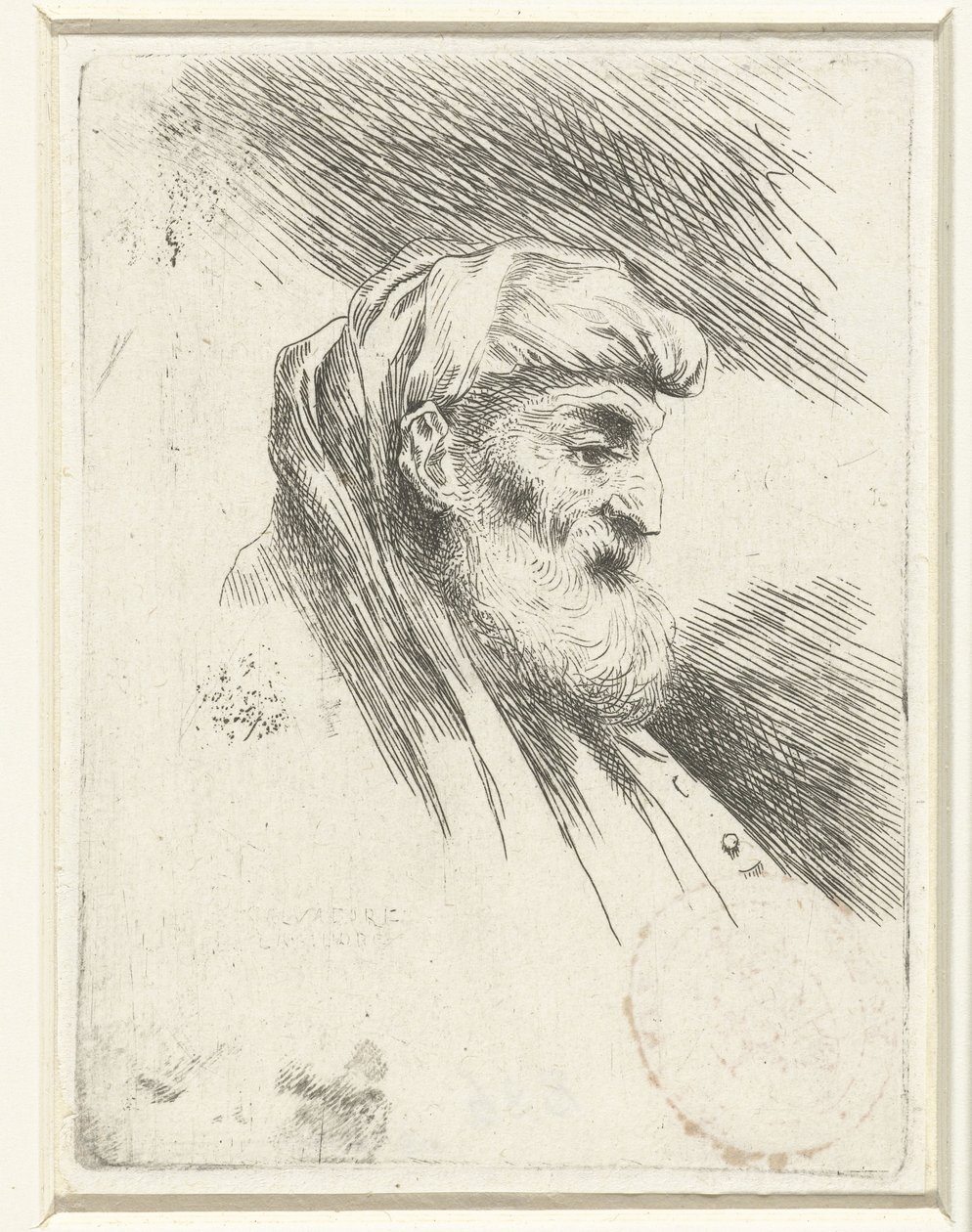 Huvudet av en gammal man med skägg Liten studie av huvuden med orientaliska huvudbonader (serietitel) av Salvatore Castiglione (signed by artist)