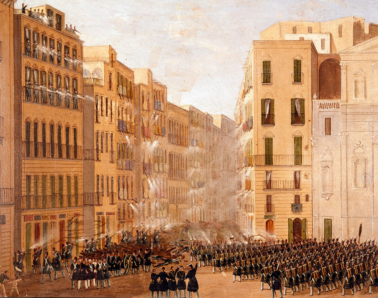 Bourbonarmén reagerade mot upproren i Neapel i maj 1848 Detail. Målning av Salvatore Fergola (1799-1877) Neapel, Museo Nazionale di San Martino av Salvatore Fergola