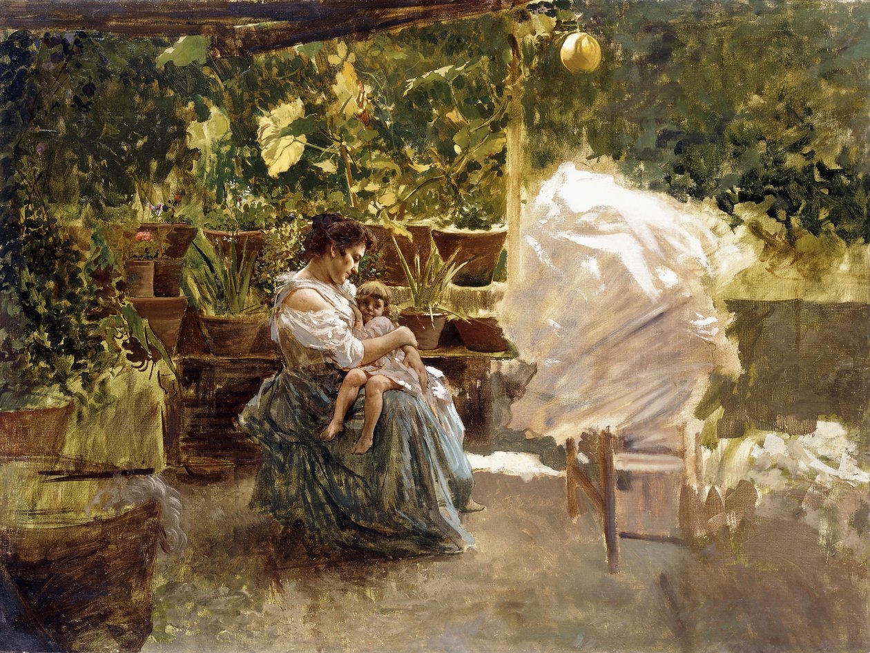 En mamma med sitt barn på en veranda (olja på duk) av Salvatore Postiglione