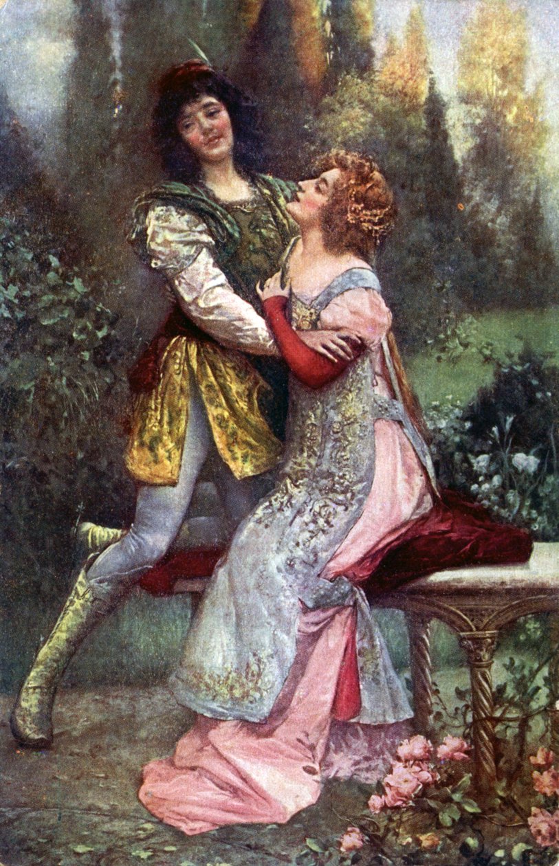 Litteratur. Francesca da Rimini och Paolo Malatesta. Illustration inspirerad av S. Postiglione i: The Divine Comedy, av Dante Alighieri, Tjeckien, ca 1910 (vykort) av Salvatore Postiglione